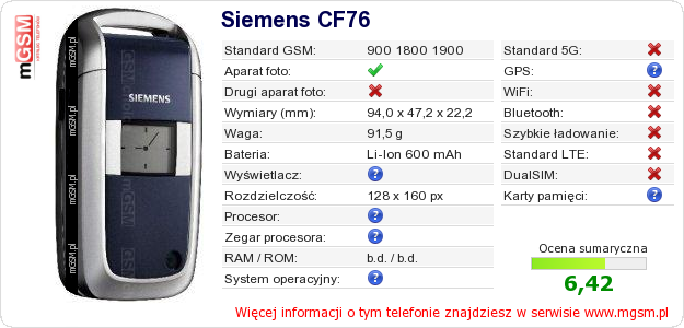 Dane telefonu Siemens CF76