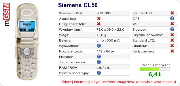 Dane telefonu Siemens CL50