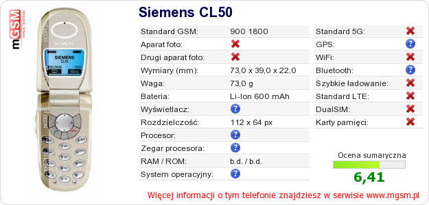Dane telefonu Siemens CL50 Dane telefonu Siemens CL50