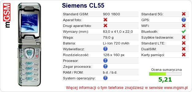 Dane telefonu Siemens CL55