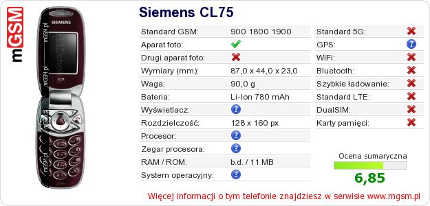 Dane telefonu Siemens CL75 Dane telefonu Siemens CL75