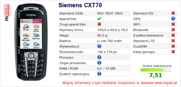Dane telefonu Siemens CXT70 Dane telefonu Siemens CXT70