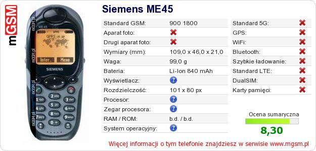 Dane telefonu Siemens ME45