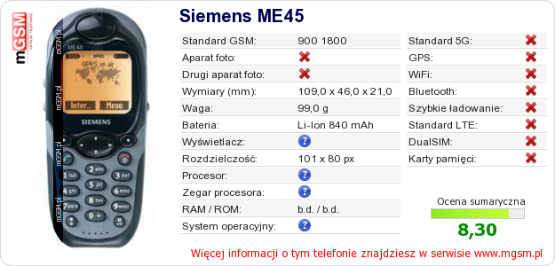 Dane telefonu Siemens ME45