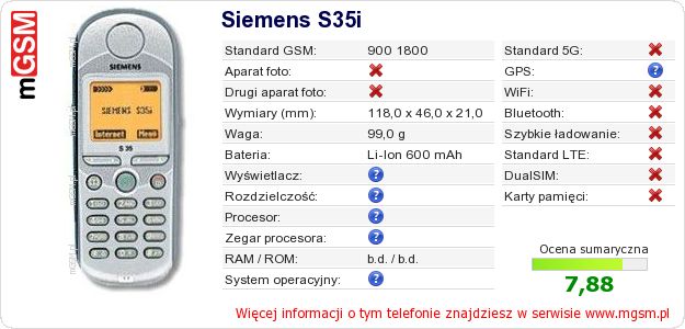 Dane telefonu Siemens S35i Dane telefonu Siemens S35i