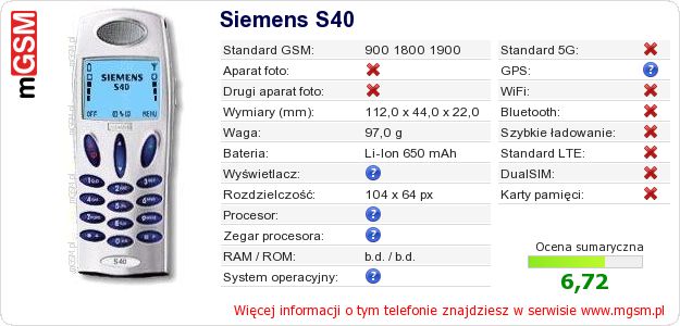 Dane telefonu Siemens S40 Dane telefonu Siemens S40