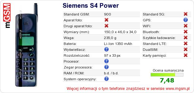 Dane telefonu Siemens S4 Power Dane telefonu Siemens S4 Power