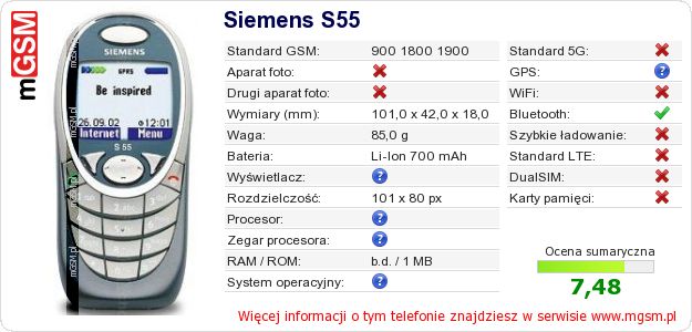 Dane telefonu Siemens S55