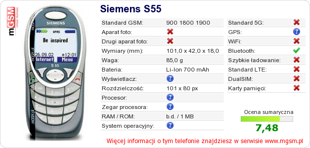 Dane telefonu Siemens S55