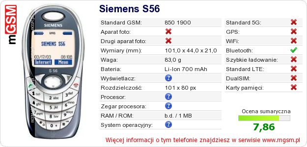 Dane telefonu Siemens S56