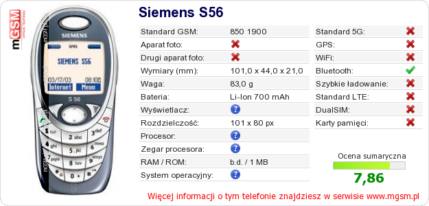 Dane telefonu Siemens S56 Dane telefonu Siemens S56