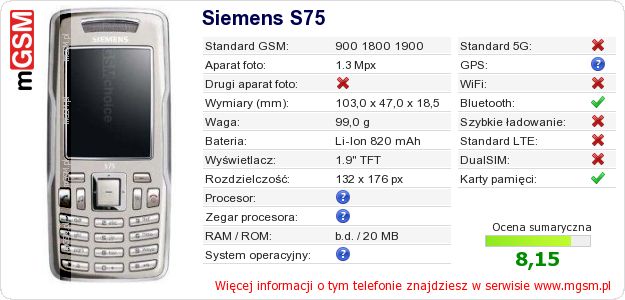 Dane telefonu Siemens S75 Dane telefonu Siemens S75