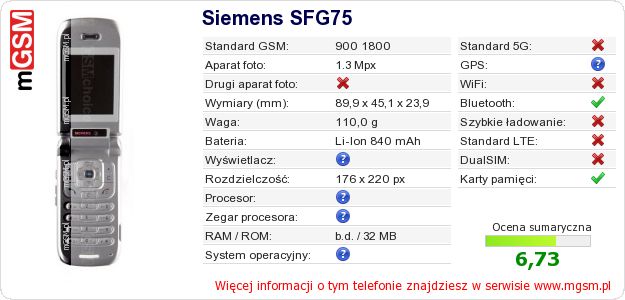 Dane telefonu Siemens SFG75 Dane telefonu Siemens SFG75
