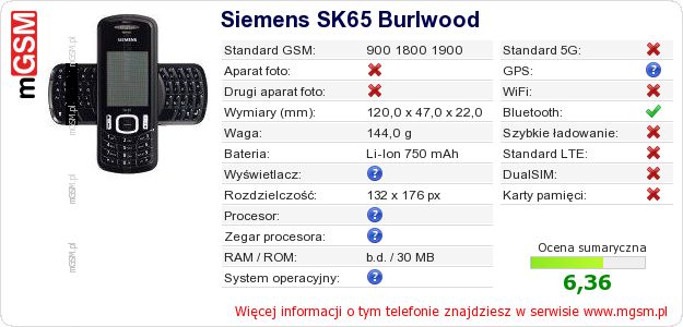 Dane telefonu Siemens SK65 Burlwood Dane telefonu Siemens SK65 Burlwood