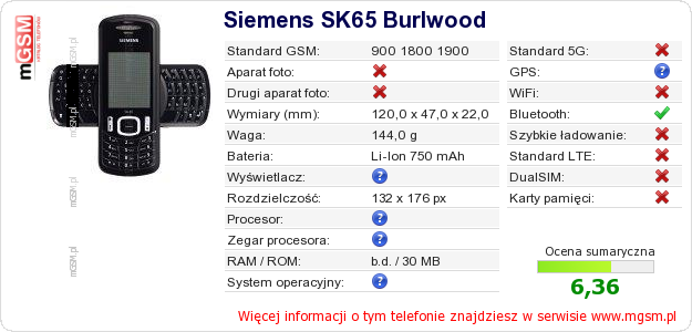 Dane telefonu Siemens SK65 Burlwood