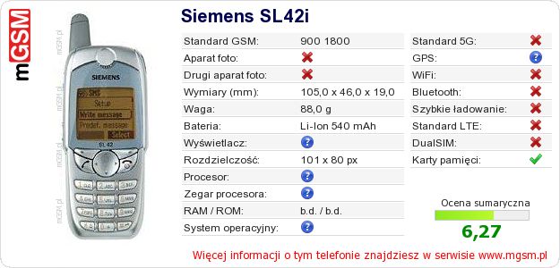 Dane telefonu Siemens SL42i Dane telefonu Siemens SL42i