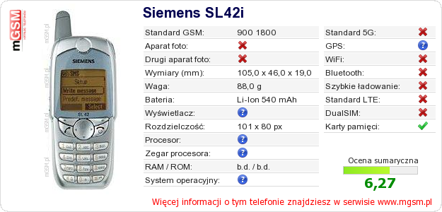 Dane telefonu Siemens SL42i