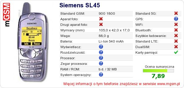 Dane telefonu Siemens SL45