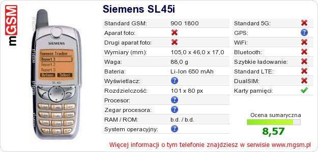 Dane telefonu Siemens SL45i
