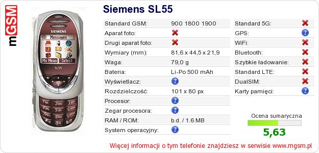 Dane telefonu Siemens SL55