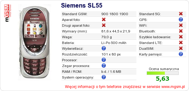 Dane telefonu Siemens SL55