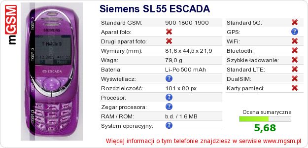 Dane telefonu Siemens SL55 ESCADA Dane telefonu Siemens SL55 ESCADA