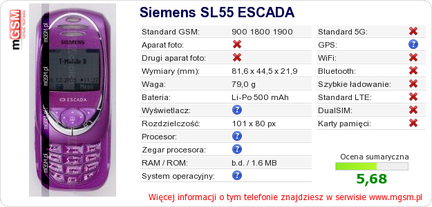 Dane telefonu Siemens SL55 ESCADA