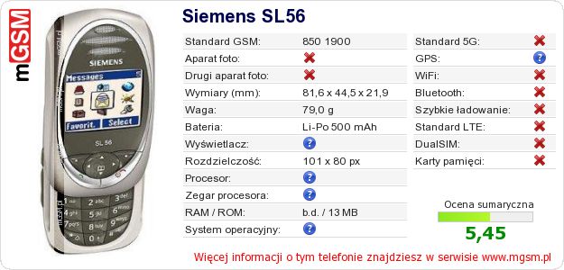 Dane telefonu Siemens SL56