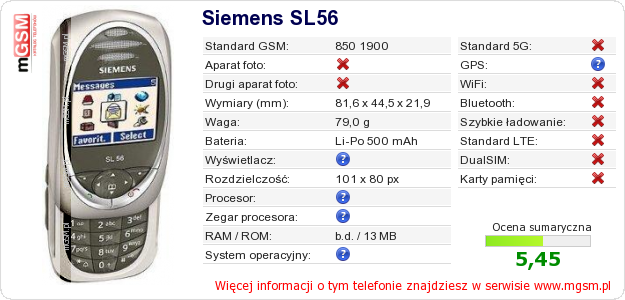 Dane telefonu Siemens SL56