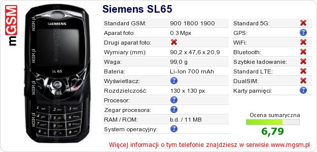 Dane telefonu Siemens SL65 Dane telefonu Siemens SL65
