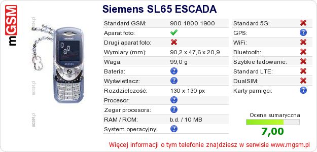 Dane telefonu Siemens SL65 ESCADA Dane telefonu Siemens SL65 ESCADA