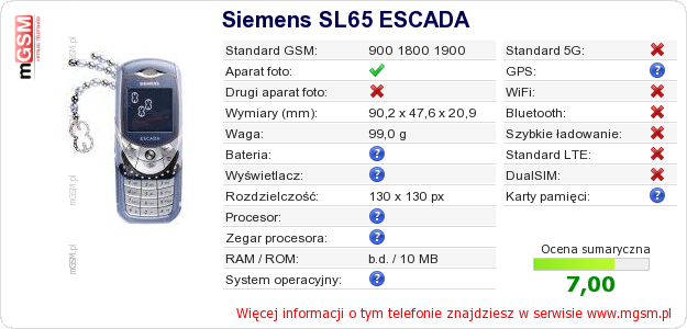 Dane telefonu Siemens SL65 ESCADA Dane telefonu Siemens SL65 ESCADA