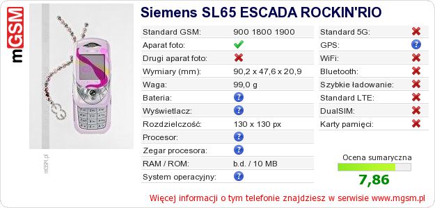 Dane telefonu Siemens SL65 ESCADA ROCKIN Dane telefonu Siemens SL65 ESCADA ROCKIN