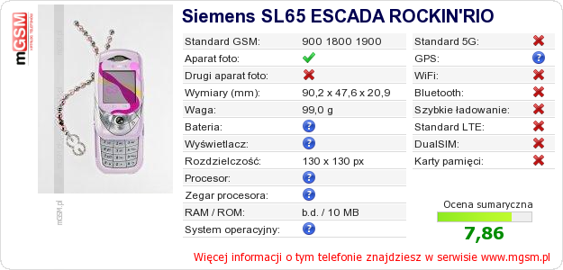 Dane telefonu Siemens SL65 ESCADA ROCKIN