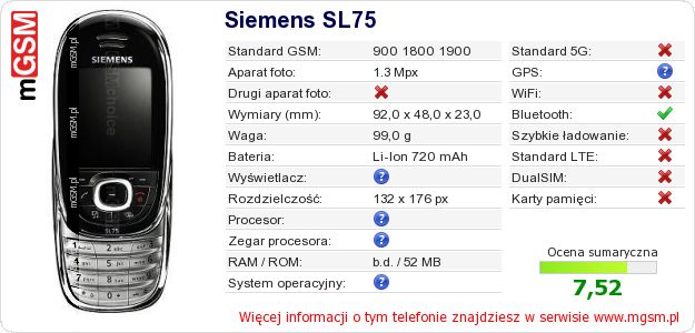 Dane telefonu Siemens SL75 Dane telefonu Siemens SL75