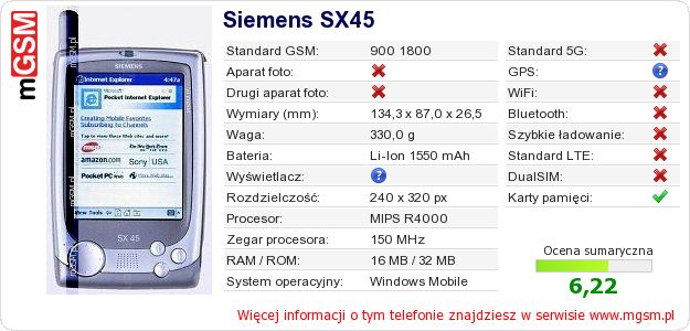 Dane telefonu Siemens SX45