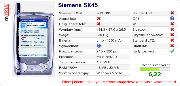 Dane telefonu Siemens SX45