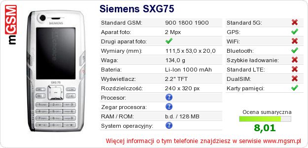 Dane telefonu Siemens SXG75 Dane telefonu Siemens SXG75