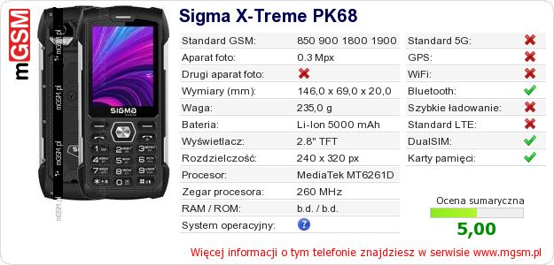 Dane telefonu Sigma X-Treme PK68