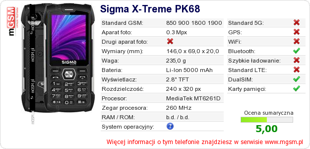 Dane telefonu Sigma X-Treme PK68 Dane telefonu Sigma X-Treme PK68