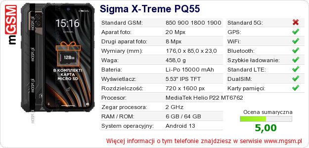 Dane telefonu Sigma X-Treme PQ55