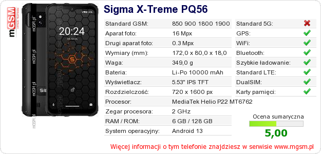 Dane telefonu Sigma X-Treme PQ56