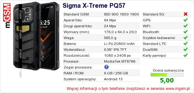 Dane telefonu Sigma X-Treme PQ57 Dane telefonu Sigma X-Treme PQ57