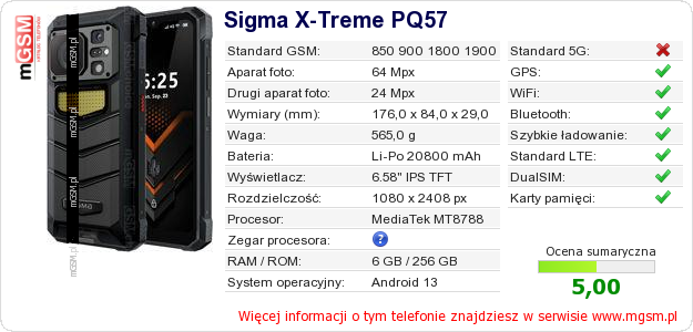 Dane telefonu Sigma X-Treme PQ57