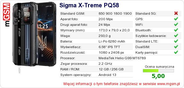 Dane telefonu Sigma X-Treme PQ58 Dane telefonu Sigma X-Treme PQ58