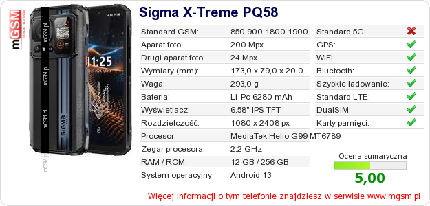 Dane telefonu Sigma X-Treme PQ58