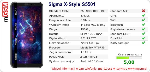 Dane telefonu Sigma X-Style S5501 Dane telefonu Sigma X-Style S5501