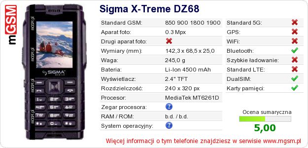 Dane telefonu Sigma X-Treme DZ68
