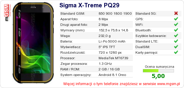 Dane telefonu Sigma X-Treme PQ29 Dane telefonu Sigma X-Treme PQ29
