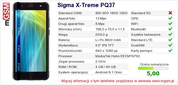 Dane telefonu Sigma X-Treme PQ37
